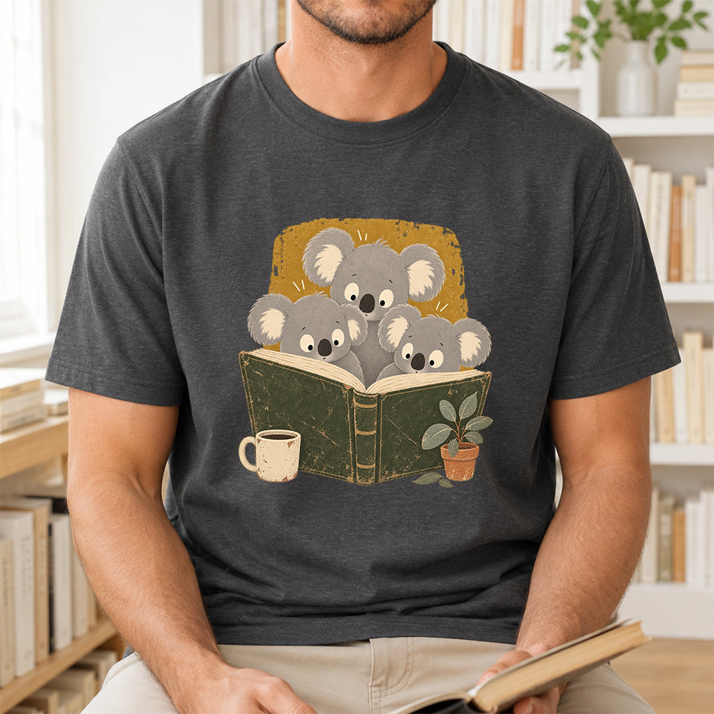 Minimal Japanese Koalas Reading Softstyle T-Shirt | Book Lover Gift Dark Heather