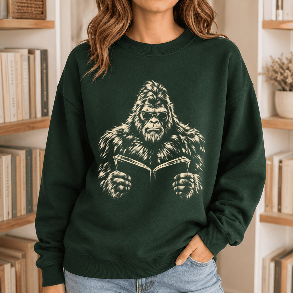 Big Foot Reading Book Crewneck Sweatshirt | Reader Gift Forest Green