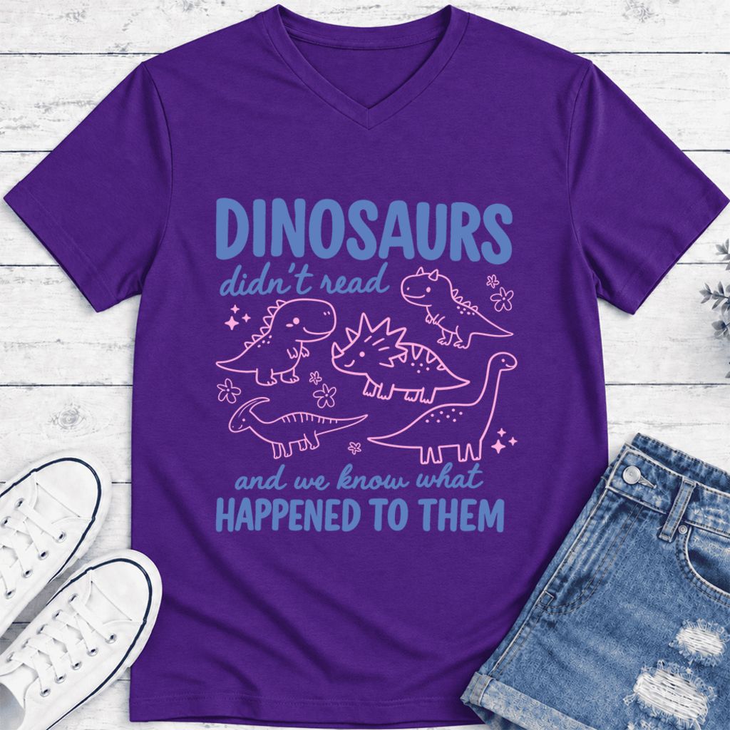 Dinosaurs Didn'T Read Ultra-Soft V-Neck | Funny Book Lover Gift Team Purple