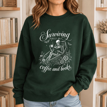 Surviving Purely On Coffee And Books Printed Sweatshirt | Halloween Reader Gift Forest Green