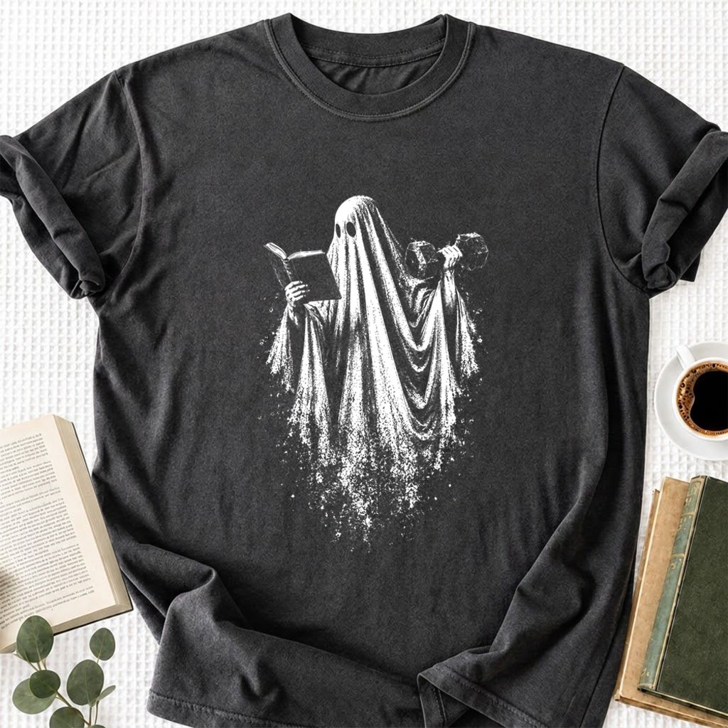 Reading Gym Ghost Printed T-Shirt | Halloween Book Lover Gift Dark Heather