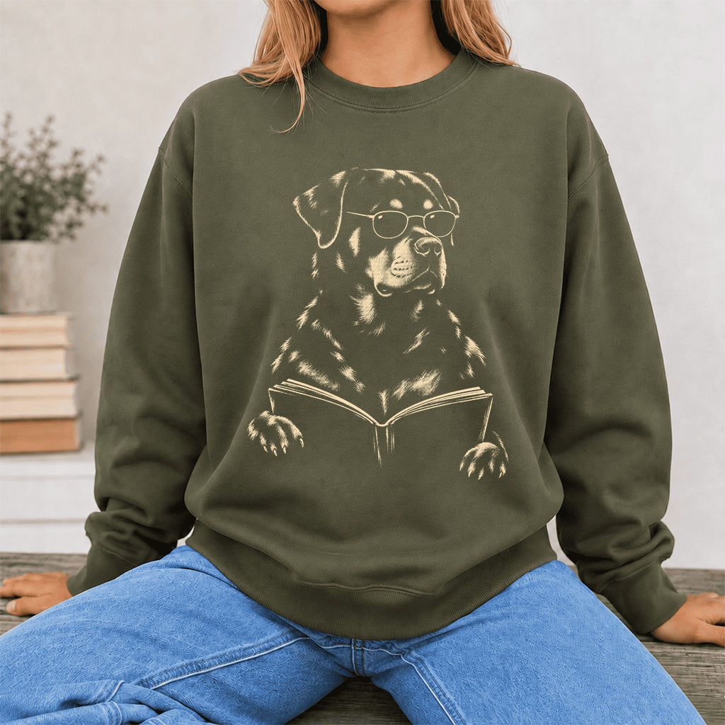 Rottweiler Reading Book Crewneck Sweatshirt | Reader Gift Military Green