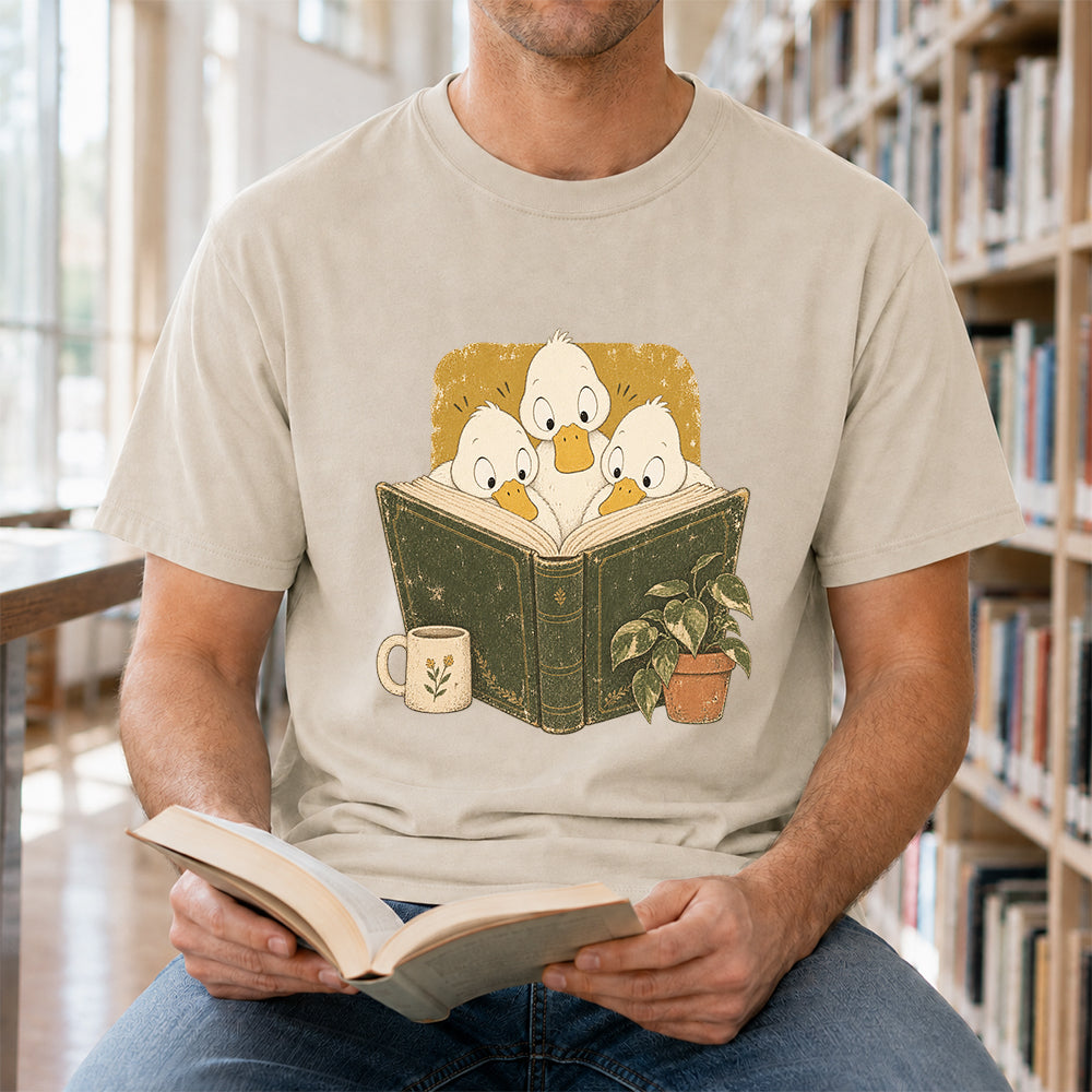 Minimal Japanese Ducks Reading Softstyle T-Shirt | Book Lover Gift Sand
