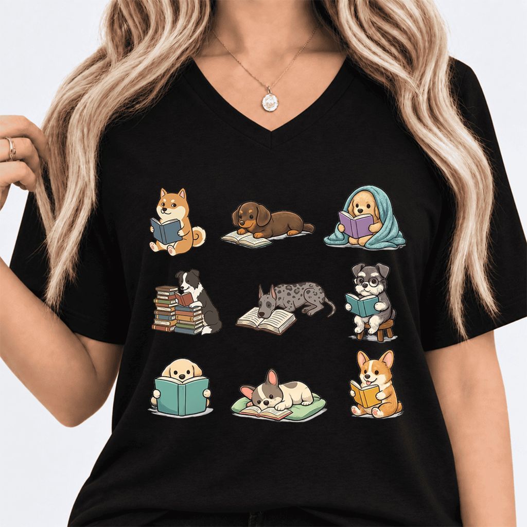 Funny Reading Dogs Ultra-Soft V-Neck | Dog Mom Reader Gift Black