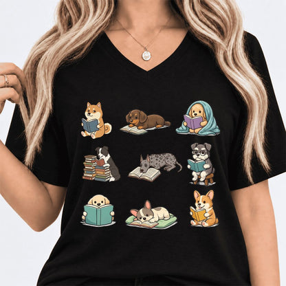 Funny Reading Dogs Ultra-Soft V-Neck | Dog Mom Reader Gift Black