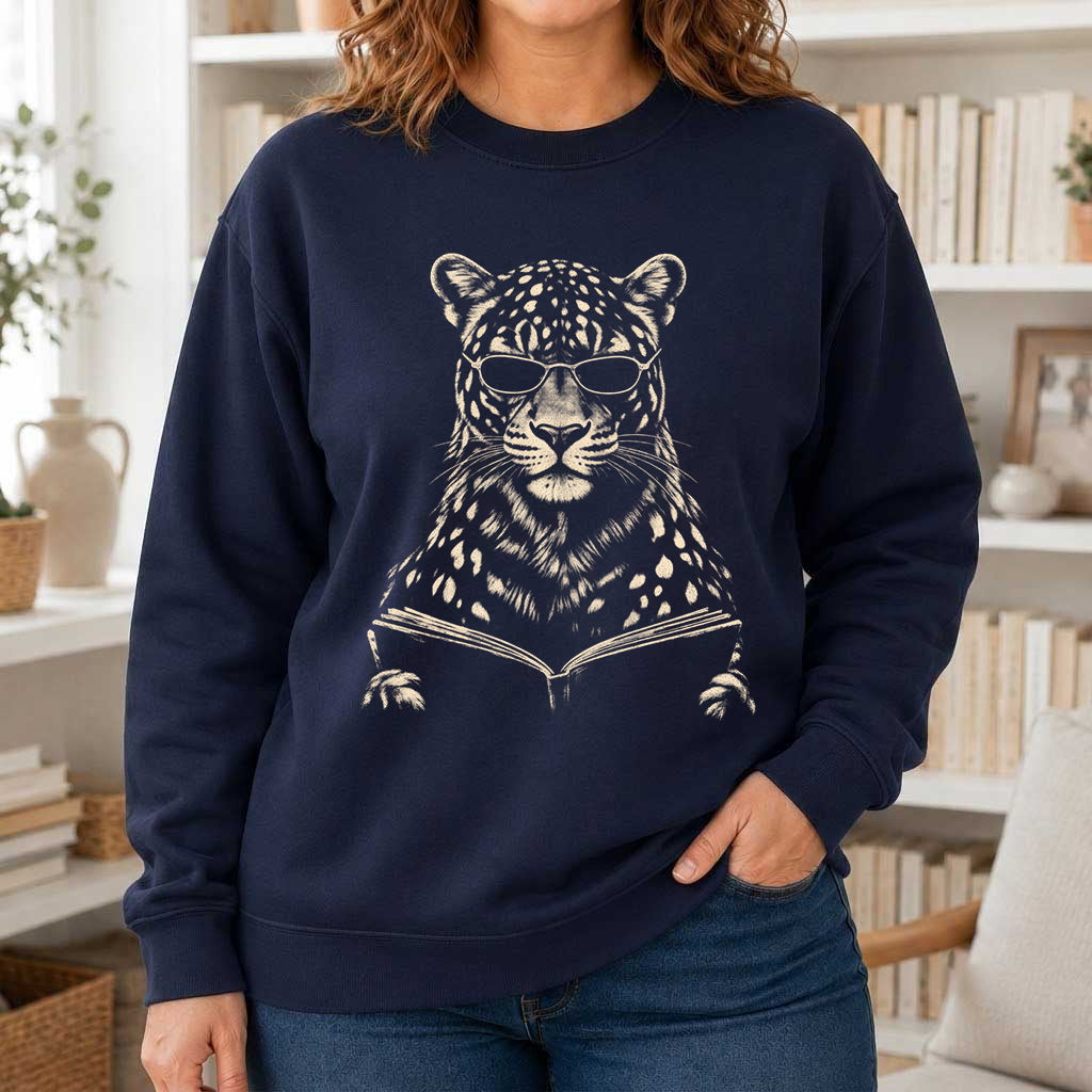 Leopard Reading Book Crewneck Sweatshirt | Reader Gift Navy