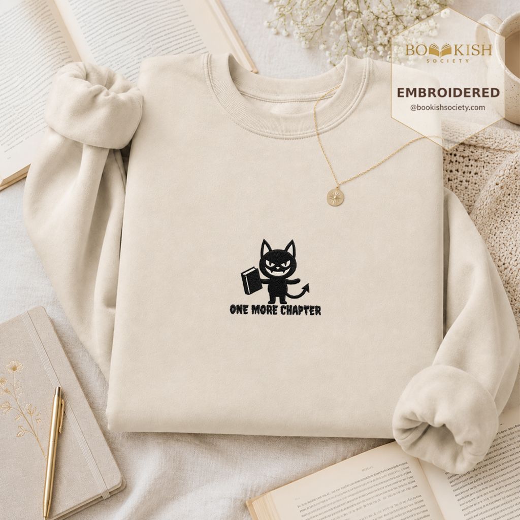 One More Chapter Devil Cat Embroidered Sweatshirt | Halloween Book Lover Gift Sand
