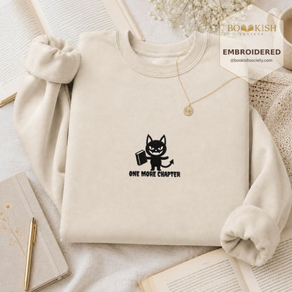 One More Chapter Devil Cat Embroidered Sweatshirt | Halloween Book Lover Gift Sand