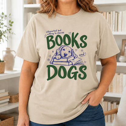 Introverted But Willing To Discuss Books And Dogs Cotton T-Shirt | Dogs Lover & Reader Gift Sand