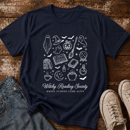 Witchy Reading Society Printed T-Shirt | Halloween Reader Gift Navy