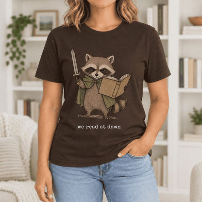 We Read At Dawn Funny Racoon Ultra-Soft Cotton T-Shirt | Playful Reader Gift Brown