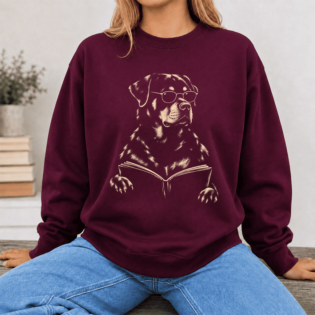 Rottweiler Reading Book Crewneck Sweatshirt | Reader Gift Maroon