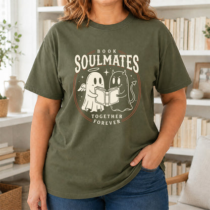 Book Soulmates Together Forever Printed T-Shirt | Halloween Book Lover Gift Military Green