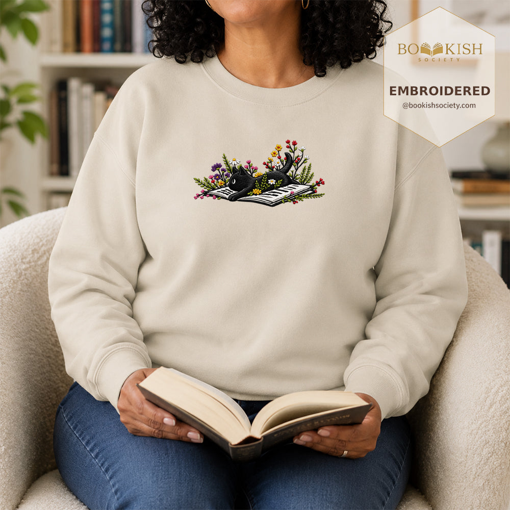 Cat and Book Embroidered Sweatshirt | Reader Gift Sand