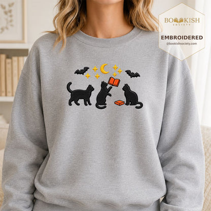 Black Cats With Books Embroidered Sweatshirt | Spooky Reader Gift Sport Grey