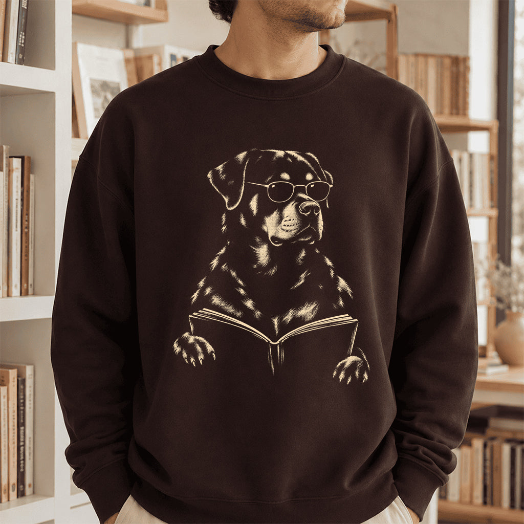 Rottweiler Reading Book Crewneck Sweatshirt | Reader Gift Dark Chocolate