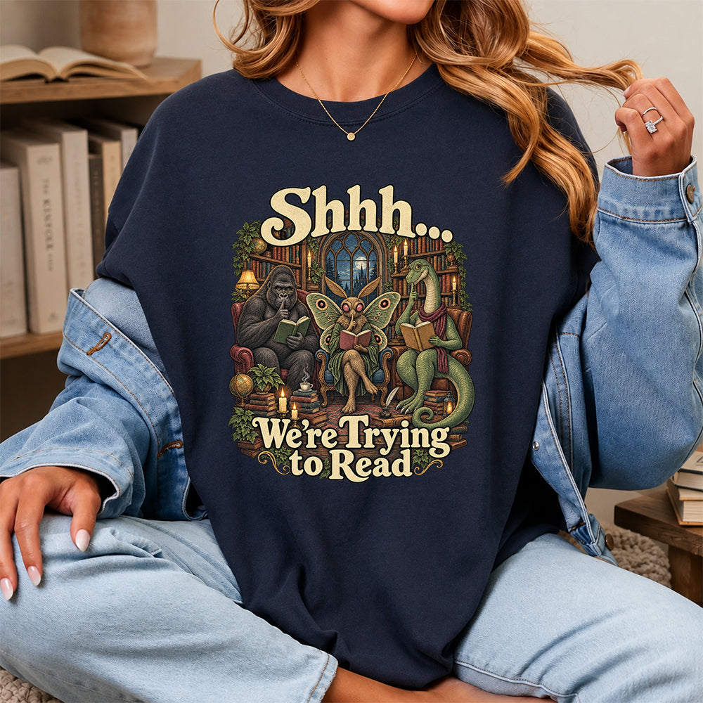 Shh... We Trying To Read Cotton T-Shirt | Midnight Reader Gift Navy