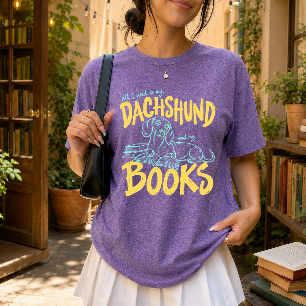 All I Need Is My Dachshund And My Books Softstyle T-Shirt | Book Lover Gift Heather Purple