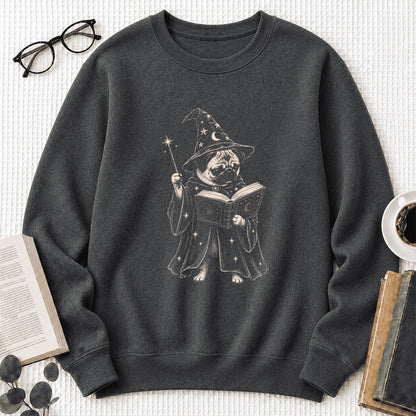 Cute Pug Witch Reading Book Printed Sweatshirt | Halloween Book Lover Gift Dark Heather