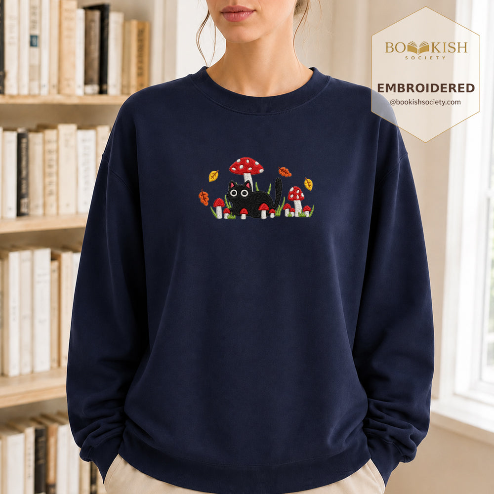 Mushroom Cat Embroidered Sweatshirt | Reader Gift Navy
