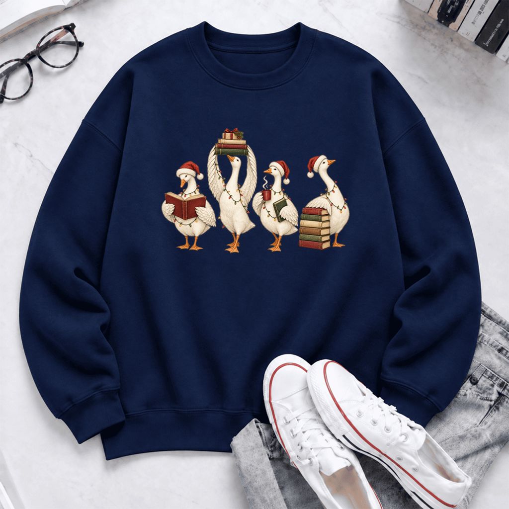 Christmas Reading Ducks Softstyle Sweatshirt | Christmas Book Lover Gift Navy