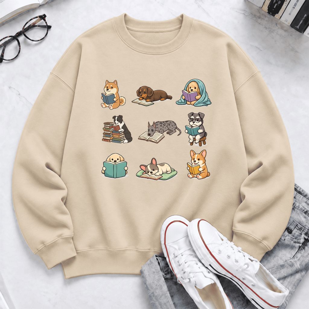 Funny Reading Dogs Embroidered Sweatshirt | Dog Mom Reader Gift Sand