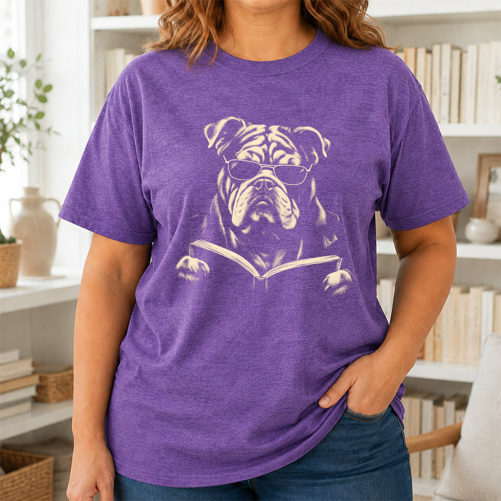 Bulldog Reading Book Softstyle T-Shirt | Book Lover Gift Dark Heather