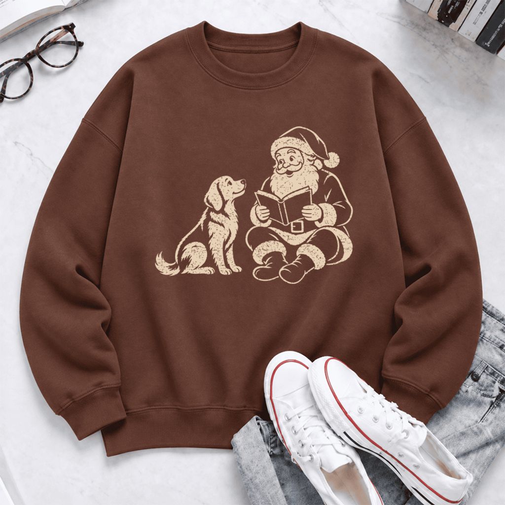 Funny Dog With Reading Santa Softstyle Sweatshirt | Christmas Book Lover Gift Cocoa