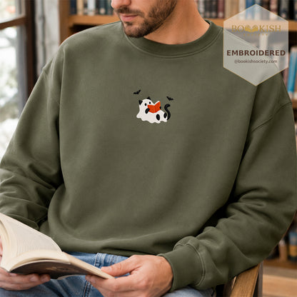 Reading Ghost Cat Embroidered Sweatshirt | Spooky Halloween Reader Gift Military Green