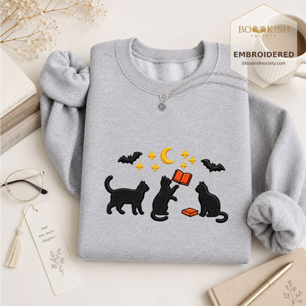 Black Cats With Books Embroidered Sweatshirt | Spooky Reader Gift Sport Grey