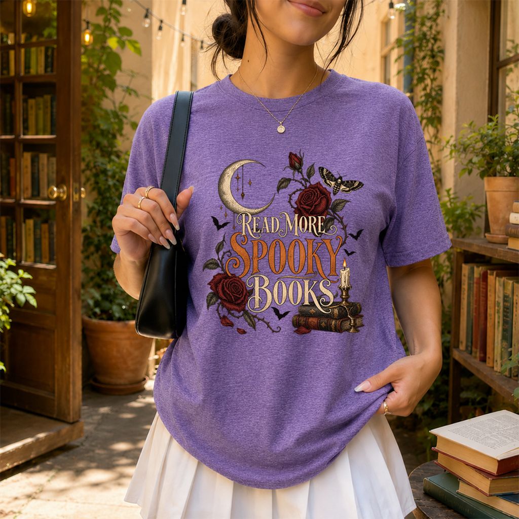 Read More Spooky Books Printed T-Shirt | Halloween Book Lover Gift Heather Purple