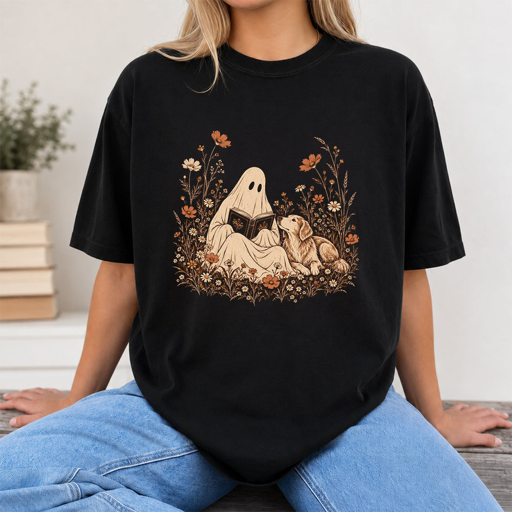 Ghost Wildflowers With Book And Golden Retriever Printed T-Shirt | Halloween Dog Lover Gift Black