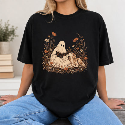 Ghost Wildflowers With Book And Golden Retriever Printed T-Shirt | Halloween Dog Lover Gift Black