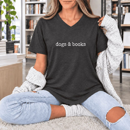 Dogs & Books Ultra-Soft V-Neck | Dog Lover & Reader Gift Dark Grey Heather