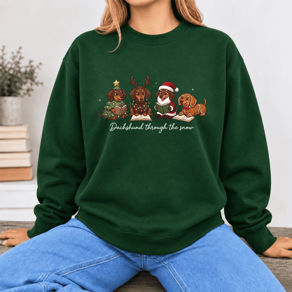 Dachshund Through The Snow Softstyle Sweatshirt | Christmas Book Lover Gift Forest Green