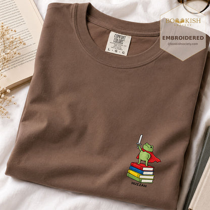 Embroidered Huzzah Cute Frog Comfort Color ® T-shirt Book Lover Gift Espresso