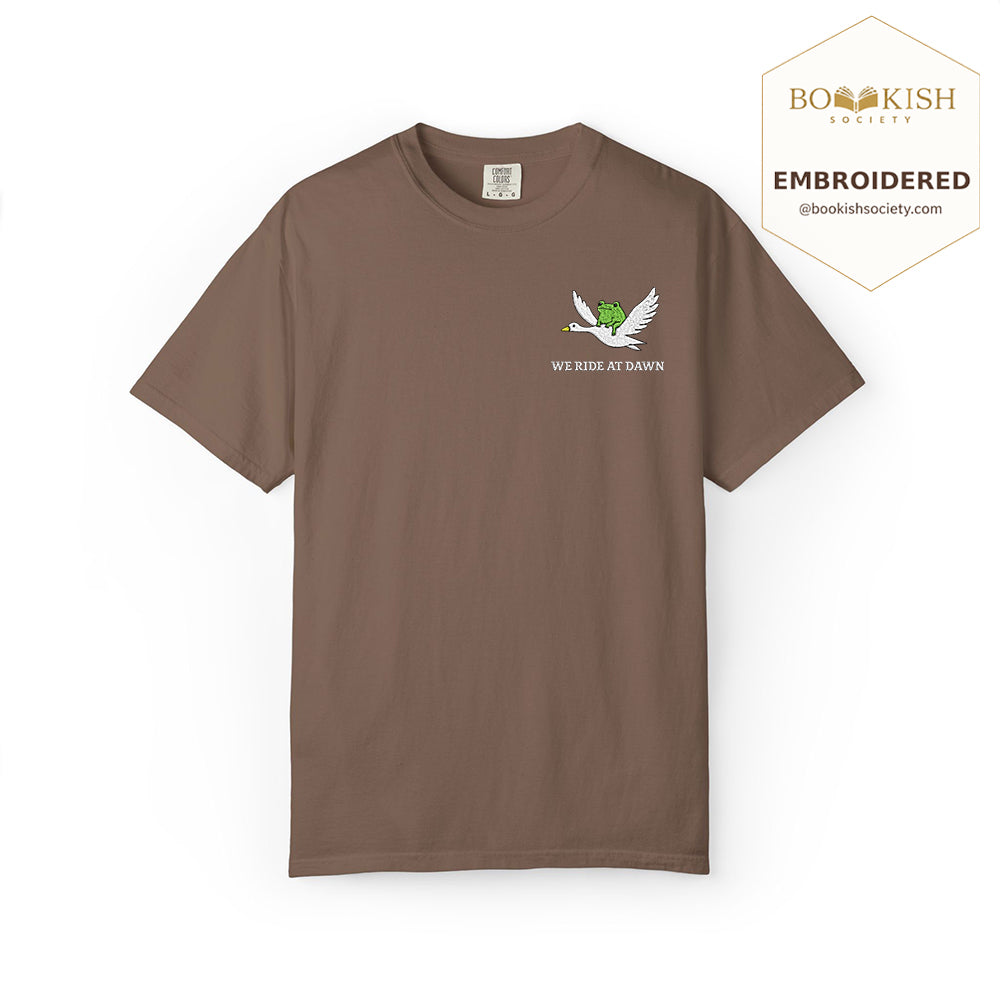 Embroidered We Ride at Dawn Comfort Color ® T-shirt Book Lover Gift Espresso