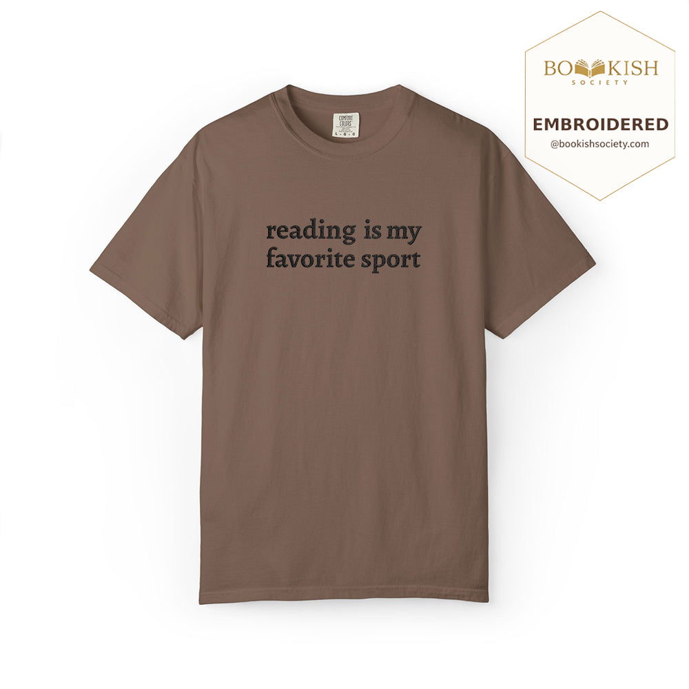 Embroidered Reading Is My Favorite Sport Comfort Color® T-shirt Book Lover Gift Espresso