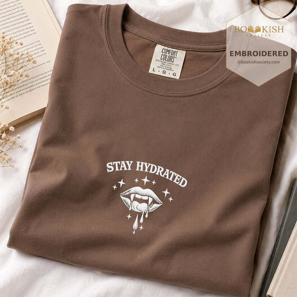Embroidered Stay Hydrated Comfort Color ® T-shirt Book Lover Gift Espresso