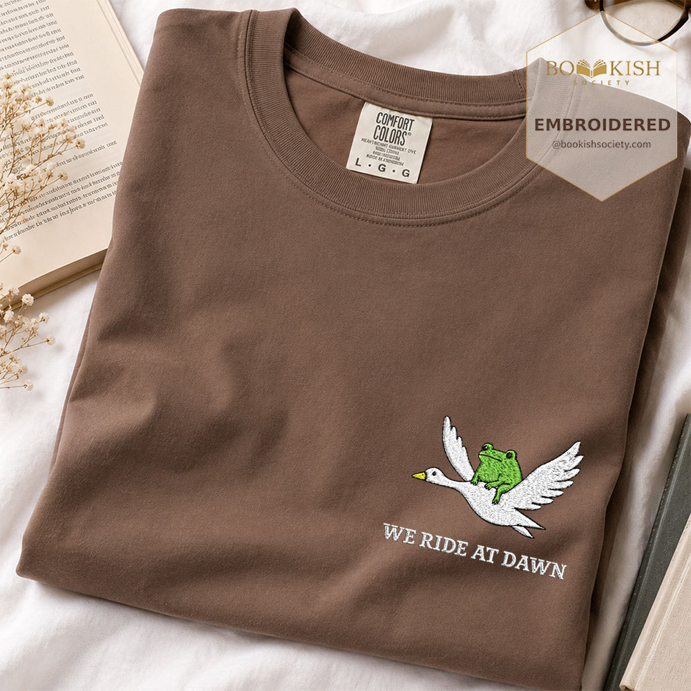 Embroidered We Ride at Dawn Comfort Color ® T-shirt Book Lover Gift Espresso