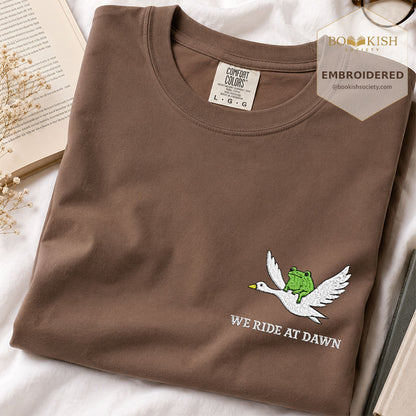 Embroidered We Ride at Dawn Comfort Color ® T-shirt Book Lover Gift Espresso
