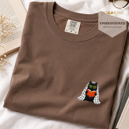 Embroidered Cat Reading Comfort Color ® T-shirt Book Lover Gift Espresso