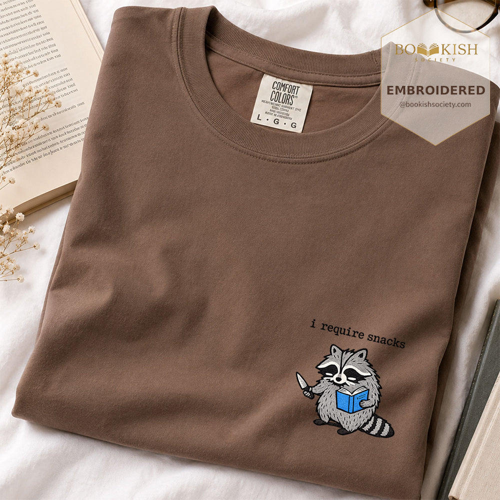 Embroidered I Require Snacks Comfort Color ® T-shirt Book Lover Gift Espresso