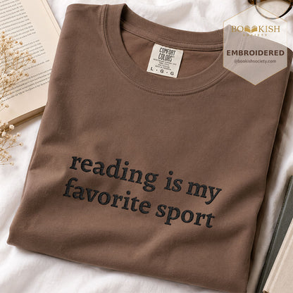Embroidered Reading Is My Favorite Sport Comfort Color® T-shirt Book Lover Gift Espresso
