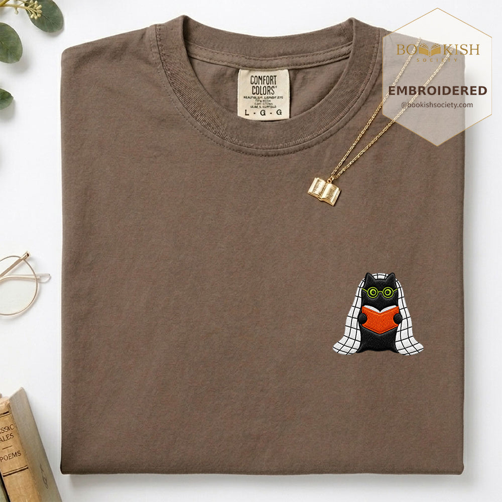 Embroidered Cat Reading Comfort Color ® T-shirt Book Lover Gift Espresso