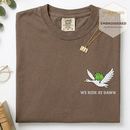 Embroidered We Ride at Dawn Comfort Color ® T-shirt Book Lover Gift Espresso