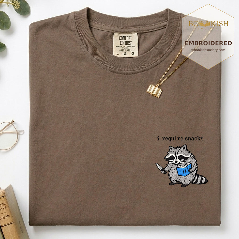 Embroidered I Require Snacks Comfort Color ® T-shirt Book Lover Gift Espresso