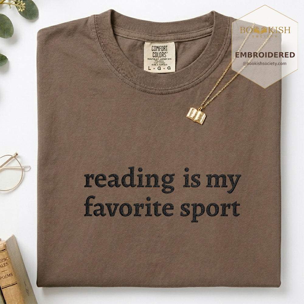 Embroidered Reading Is My Favorite Sport Comfort Color® T-shirt Book Lover Gift Espresso