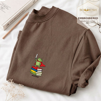 Embroidered Huzzah Cute Frog Comfort Color ® T-shirt Book Lover Gift Espresso