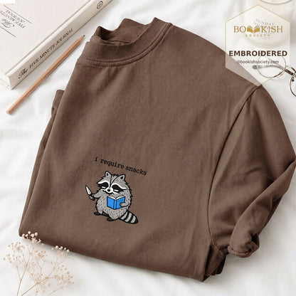 Embroidered I Require Snacks Comfort Color ® T-shirt Book Lover Gift Espresso